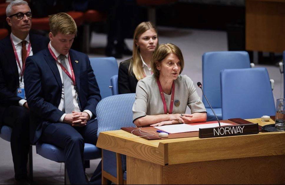 Norges FN-ambassadør, Mona Juul, holder innlegg i Sikkerhetsrådet den 28. mars 2019. Foto: UN Photo / Loey Felipe